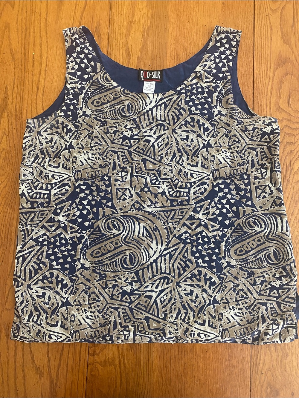 Vintage Quo-Silk 100% Silk Navy and Gray Printed Sleeveless Shell Tank Top Sz M